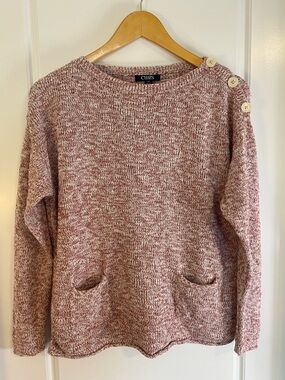 Chaps Women's Rose Marled Crewneck Sweater with Shoulder Buttons Cute Pockets